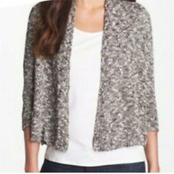 EILEEN FISHER Marled Linen-Blend Knit Open Front 3/4 Sleeve Crop Cardigan-XS - Picture 1 of 10